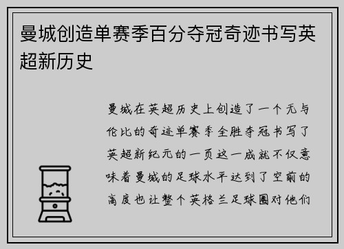 曼城创造单赛季百分夺冠奇迹书写英超新历史